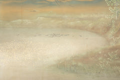 Taisho Period Painted Silk Screen Depicting Nesting Cormorants by Japanese Artist Asami Joujou