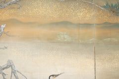 Taisho Period Painted Silk Screen Depicting Nesting Cormorants by Japanese Artist Asami Joujou