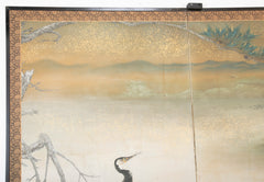 Taisho Period Painted Silk Screen Depicting Nesting Cormorants by Japanese Artist Asami Joujou