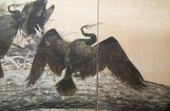 Taisho Period Painted Silk Screen Depicting Nesting Cormorants by Japanese Artist Asami Joujou
