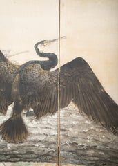 Taisho Period Painted Silk Screen Depicting Nesting Cormorants by Japanese Artist Asami Joujou