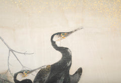 Taisho Period Painted Silk Screen Depicting Nesting Cormorants by Japanese Artist Asami Joujou