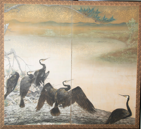 Taisho Period Painted Silk Screen Depicting Nesting Cormorants by Japanese Artist Asami Joujou