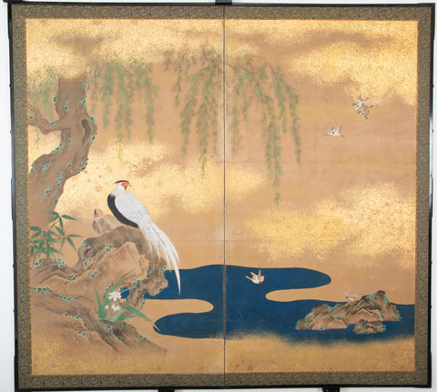Japanese Meiji Period Painted Screen with Gold Fleck Paint