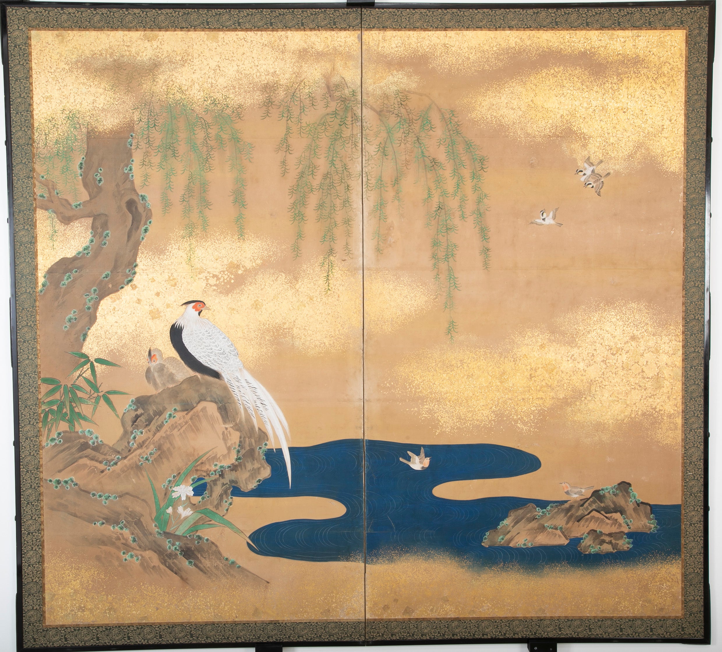 Japanese Meiji Period Painted Screen with Gold Fleck Paint
