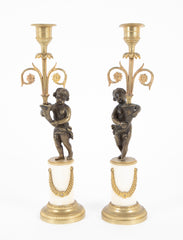 Pair of Regency Bronze & Marble Classical Putti Candlesticks