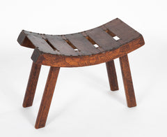 Pine and Leather Stool with Curved Seat in the "Egyptian" Style