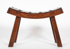 Pine and Leather Stool with Curved Seat in the "Egyptian" Style
