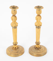 Pair of French Bronze d'Ore Candlesticks with Female figures as Column