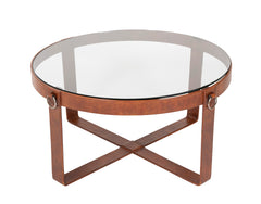 Jacques Adnet Style Leather, Iron and Brass Glass Top Coffee Table