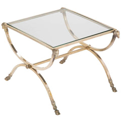 Italian Mid-Century Glass Topped Bronze Side Table with Rams Heads and Hoof Feet