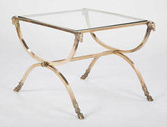 Italian Mid-Century Glass Topped Bronze Side Table with Rams Heads and Hoof Feet