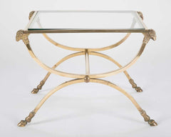 Italian Mid-Century Glass Topped Bronze Side Table with Rams Heads and Hoof Feet