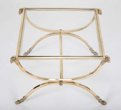 Italian Mid-Century Glass Topped Bronze Side Table with Rams Heads and Hoof Feet