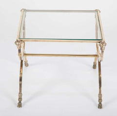 Italian Mid-Century Glass Topped Bronze Side Table with Rams Heads and Hoof Feet