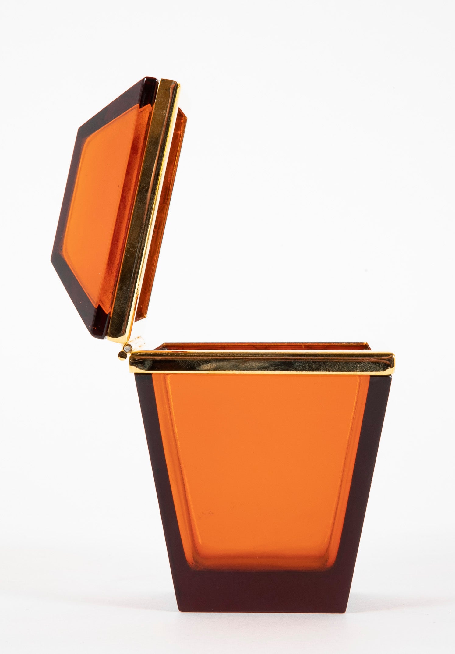 Amber Colored Mid-Century Glass Box of Trapezoid Shape