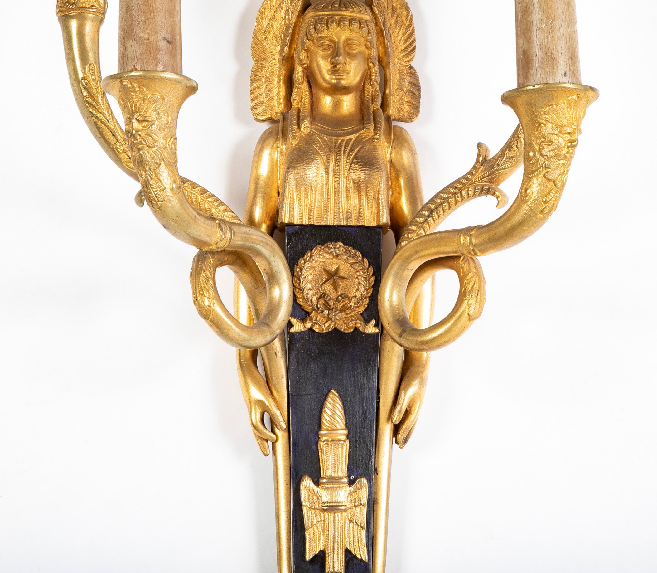 Pair of Empire Four Arm Gilded & Patinated Sphinx Figure Sconces