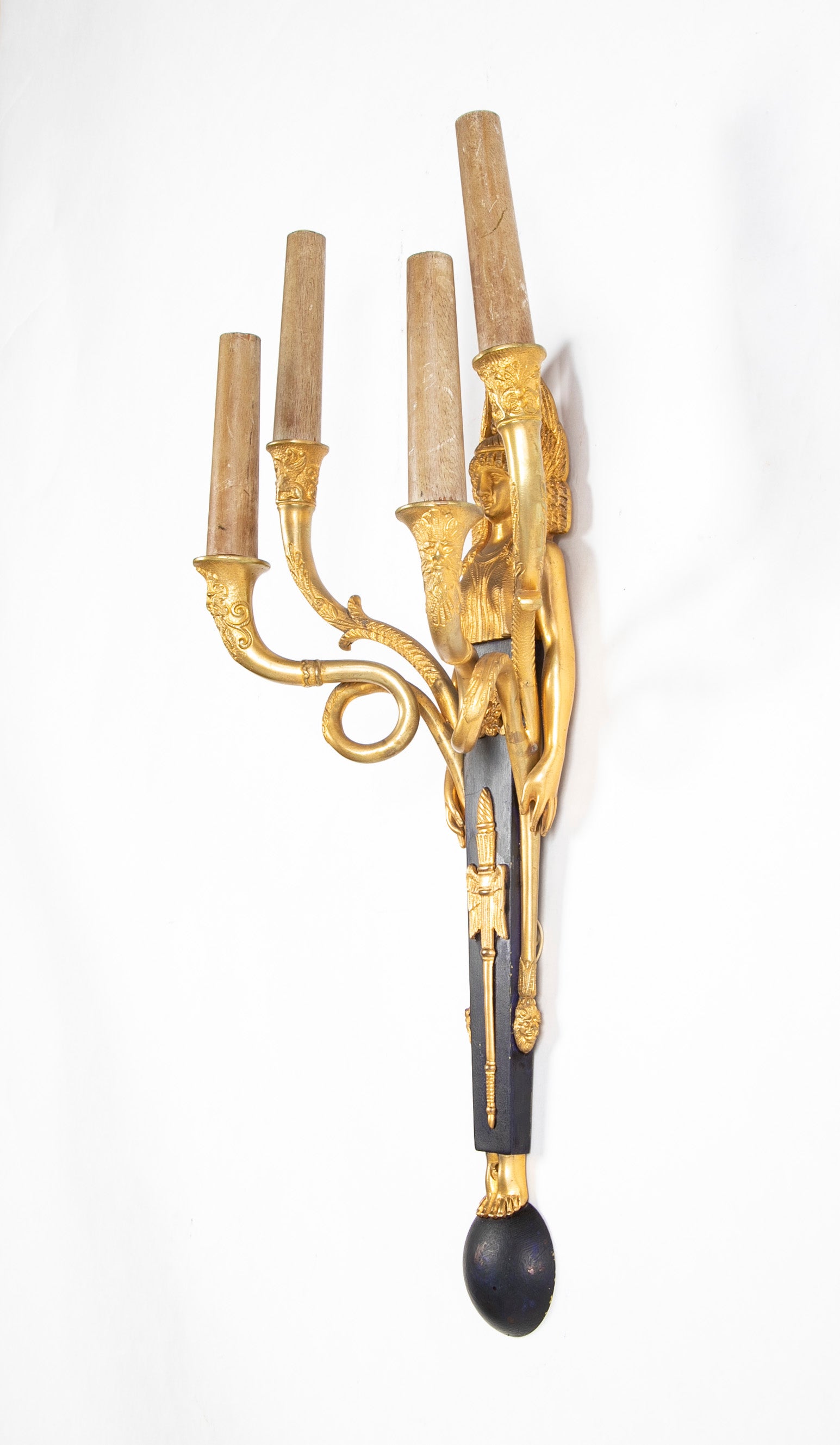 Pair of Empire Four Arm Gilded & Patinated Sphinx Figure Sconces