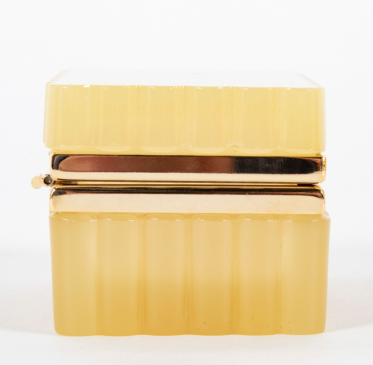Pale Butterscotch Color Scalloped Shape Glass Box with Brass Mounts