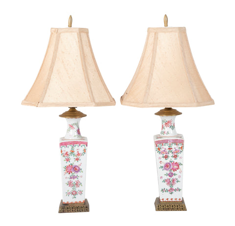 Pair of Early 20th Century Famille Rose Porcelain Lamps