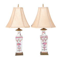 Pair of Early 20th Century Famille Rose Porcelain Lamps