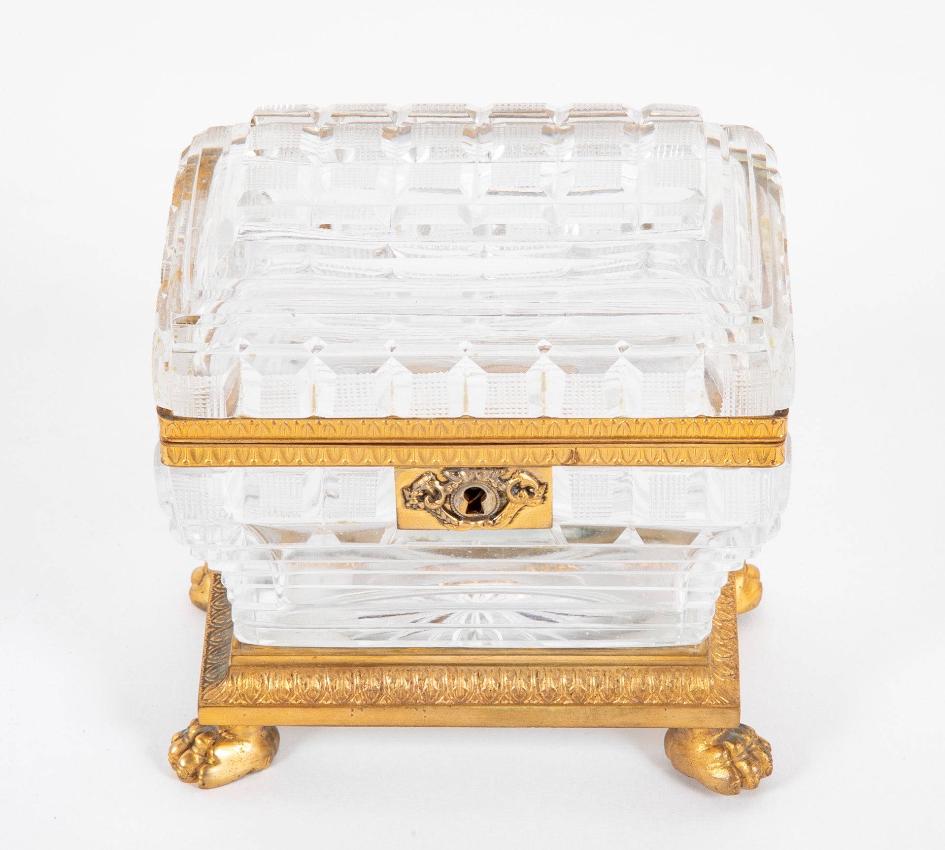 Antique Clear Cut Crystal Box with Bronze Mounts & Key