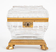 Antique Clear Cut Crystal Box with Bronze Mounts & Key