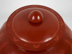 Large Japanese Red Lacquer Faceted Ginger Jar with Floral Design