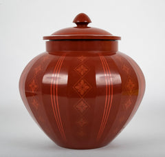 Large Japanese Red Lacquer Faceted Ginger Jar with Floral Design