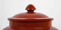 Large Japanese Red Lacquer Faceted Ginger Jar with Floral Design