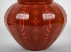 Large Japanese Red Lacquer Faceted Ginger Jar with Floral Design