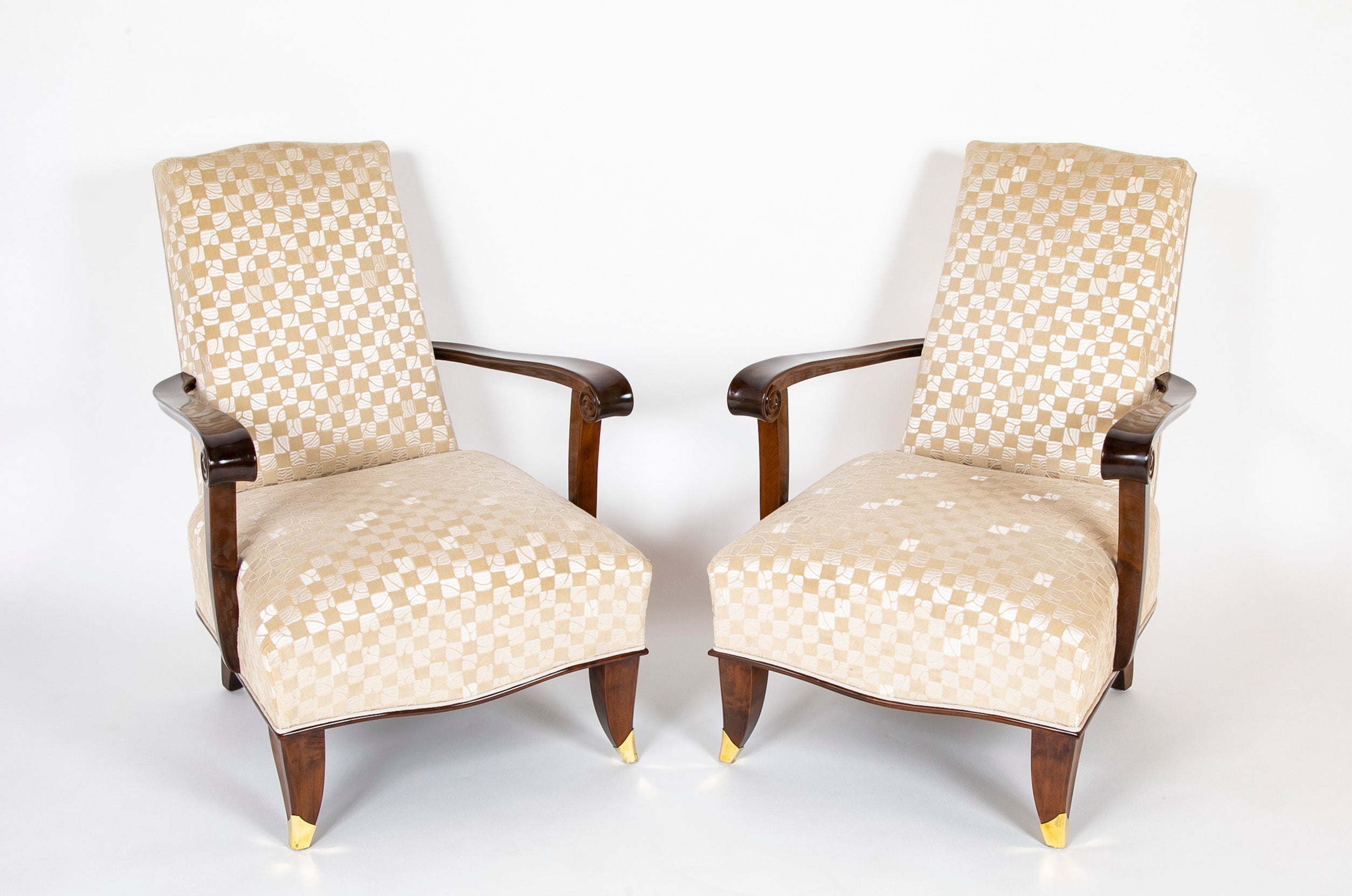 A Pair of French Upholstered Mahogany Armchairs with Scrolled Hand Grips & Bronze Sabots