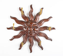 Carved Oak Sunburst with Center Face Wall Mounted Coat Rack