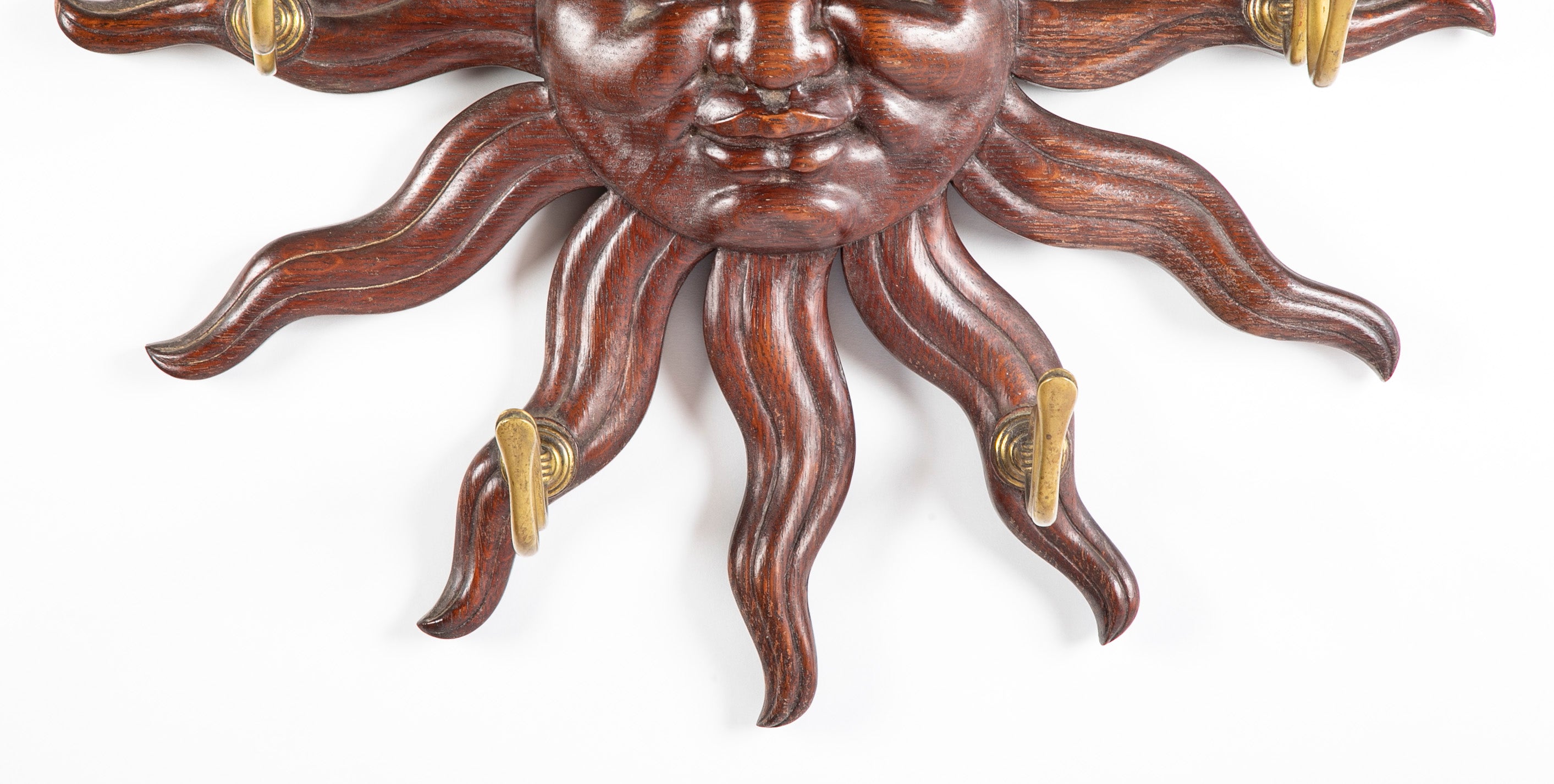 Carved Oak Sunburst with Center Face Wall Mounted Coat Rack