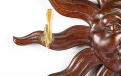 Carved Oak Sunburst with Center Face Wall Mounted Coat Rack