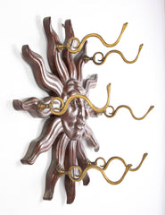 Carved Oak Sunburst with Center Face Wall Mounted Coat Rack