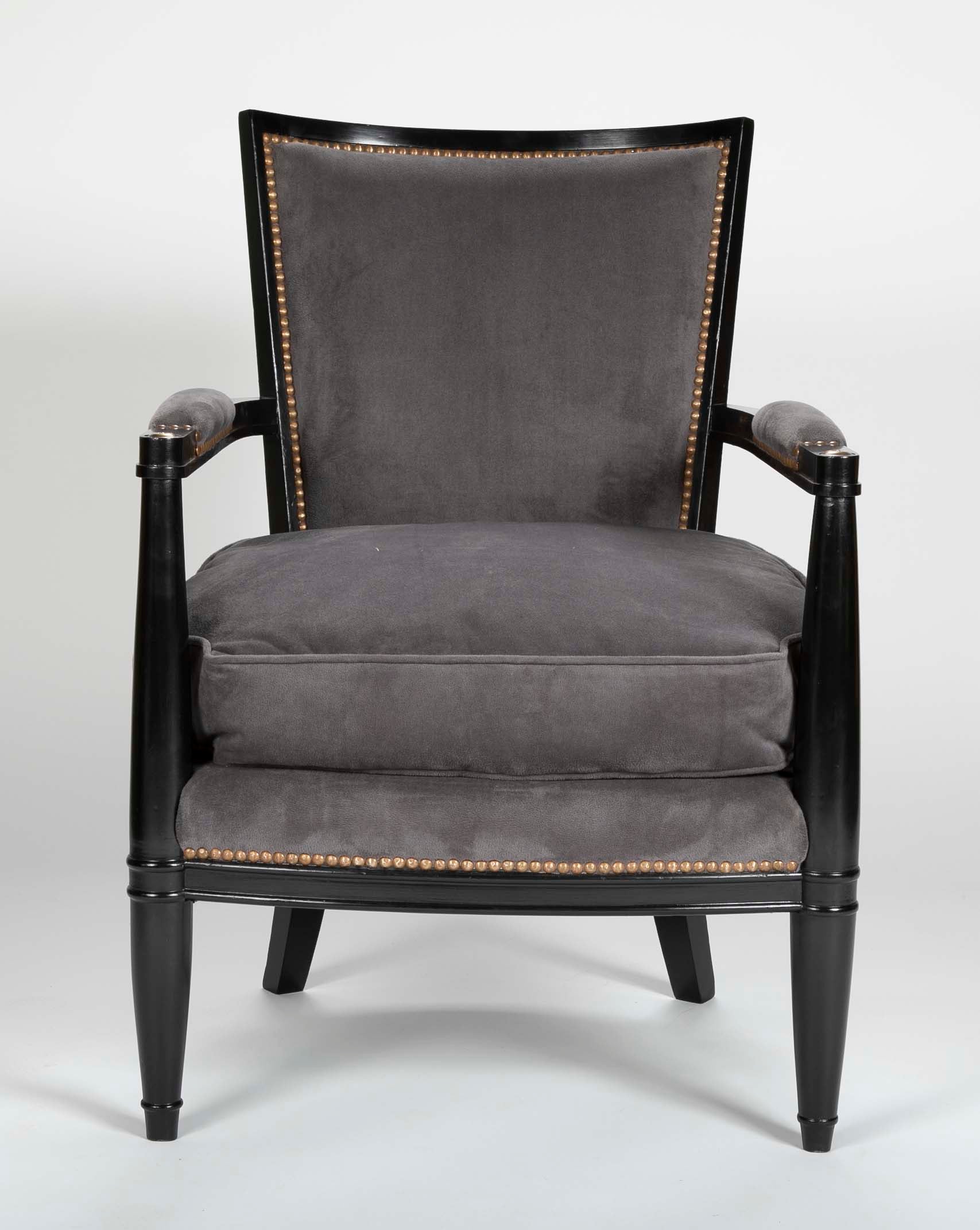 Pair of Ebonized Open Arm Chairs French Directoire in the Manner of Andre Arbus