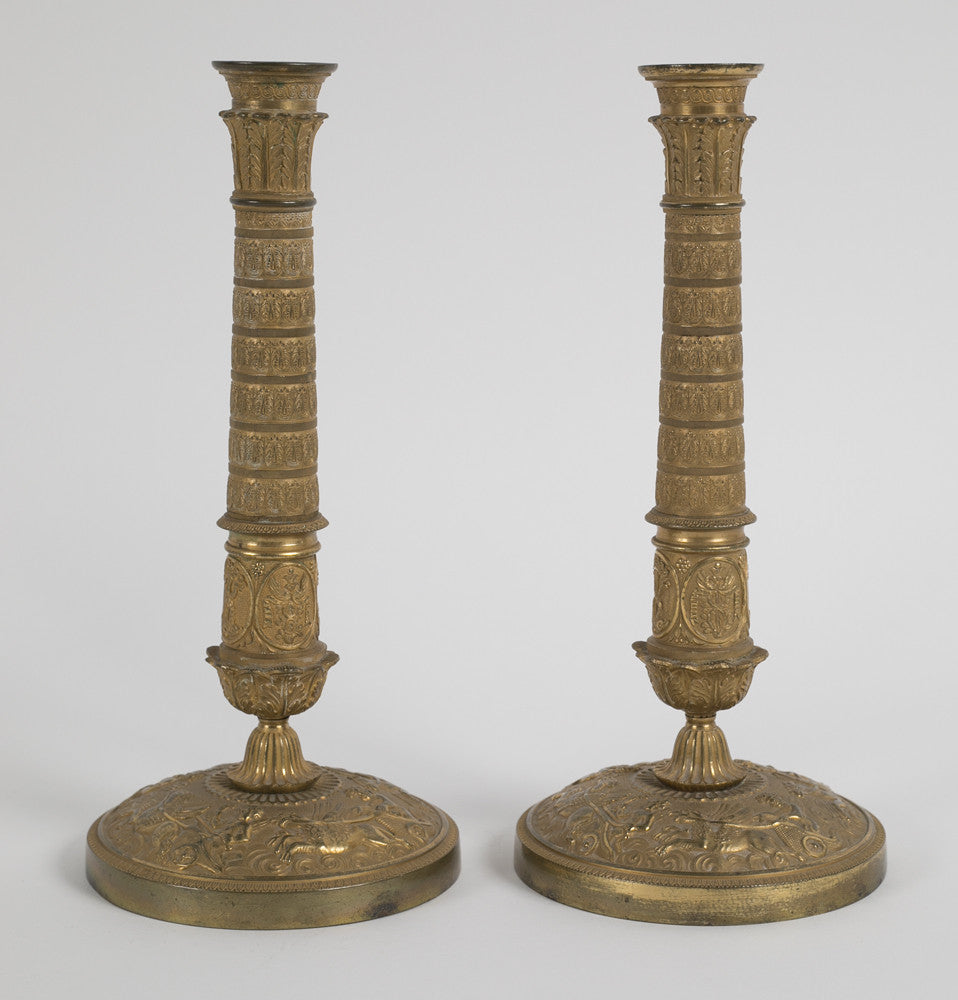 Magnificent Pair of D'Ore Bronze Empire Candlesticks