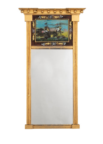 American Gilt Wood Mirror with Eglomise Panel of War of 1812 Frigate Battle Scene