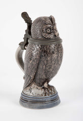 Glazed Ceramic Owl Form Tankard with Pewter Mounts