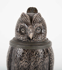 Glazed Ceramic Owl Form Tankard with Pewter Mounts