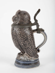 Glazed Ceramic Owl Form Tankard with Pewter Mounts