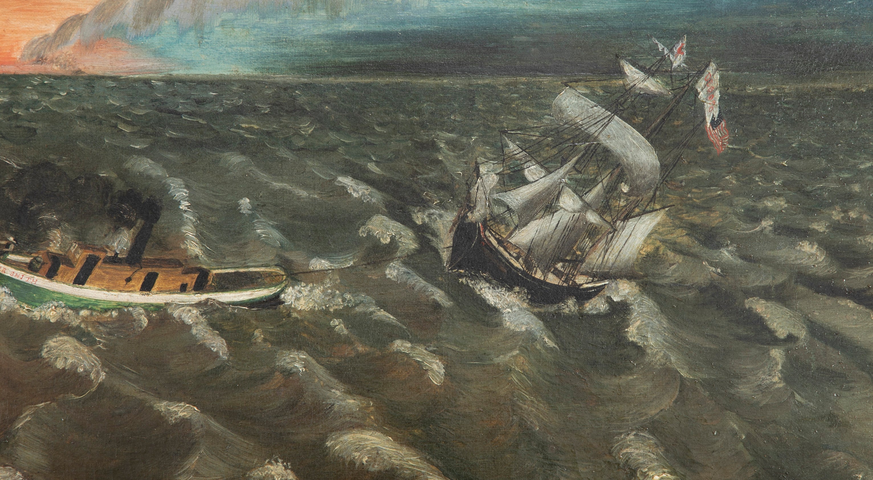 Mid 19th Century Oil on Canvas of a Ship in Distress Under Tow by a Tug