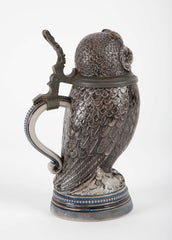 Glazed Ceramic Owl Form Tankard with Pewter Mounts