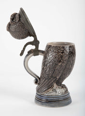 Glazed Ceramic Owl Form Tankard with Pewter Mounts