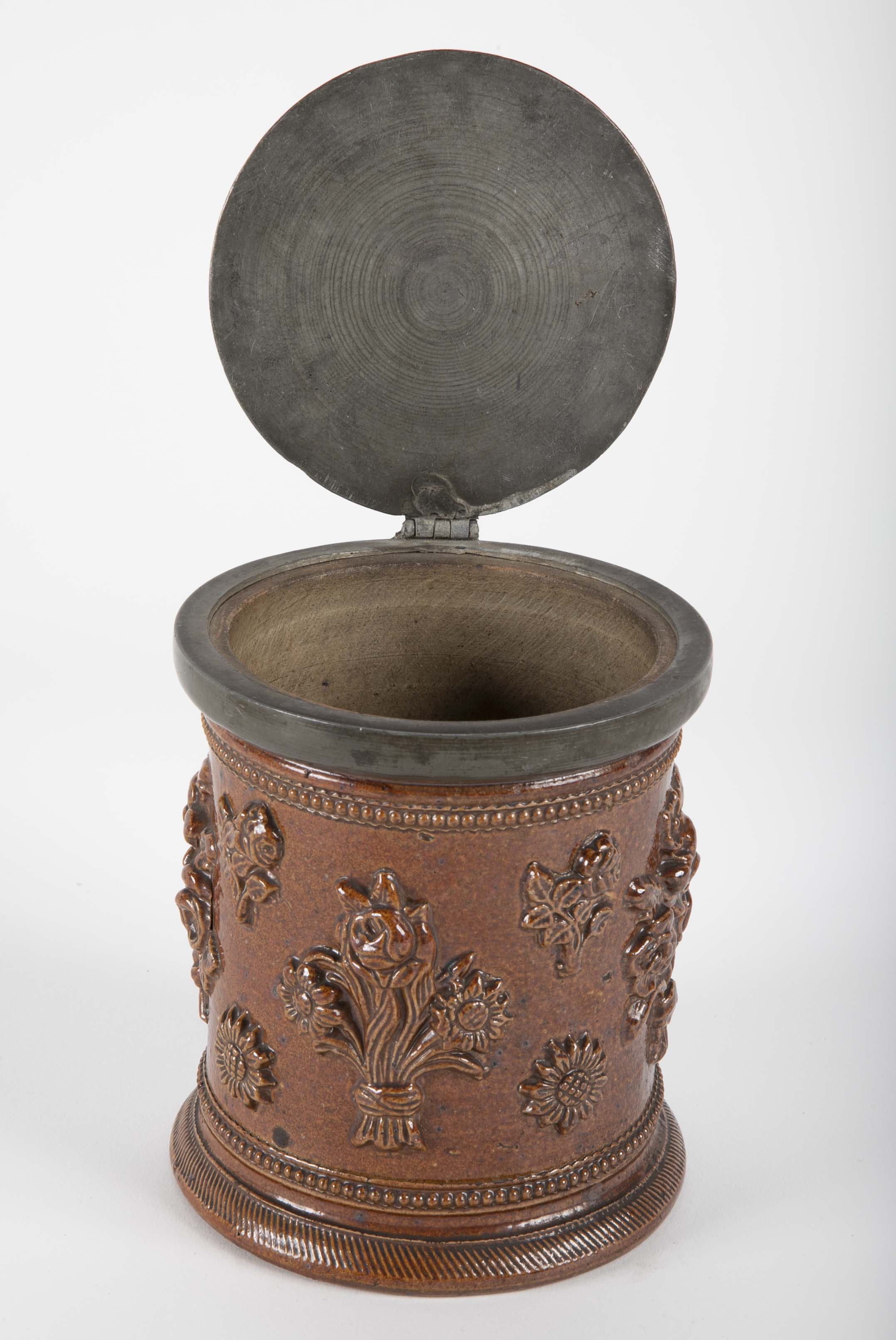 18th Century German Salt Glaze Tobacco Jar with Pewter Mounts