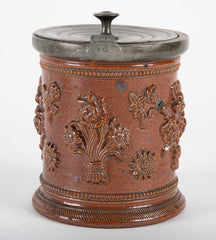 18th Century German Salt Glaze Tobacco Jar with Pewter Mounts