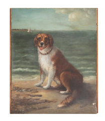 Unusual Portrait of a Large Dog on Beach with Sailboat & Steamer in Background