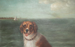 Unusual Portrait of a Large Dog on Beach with Sailboat & Steamer in Background