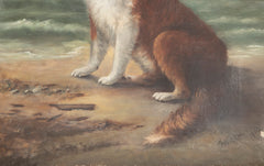 Unusual Portrait of a Large Dog on Beach with Sailboat & Steamer in Background